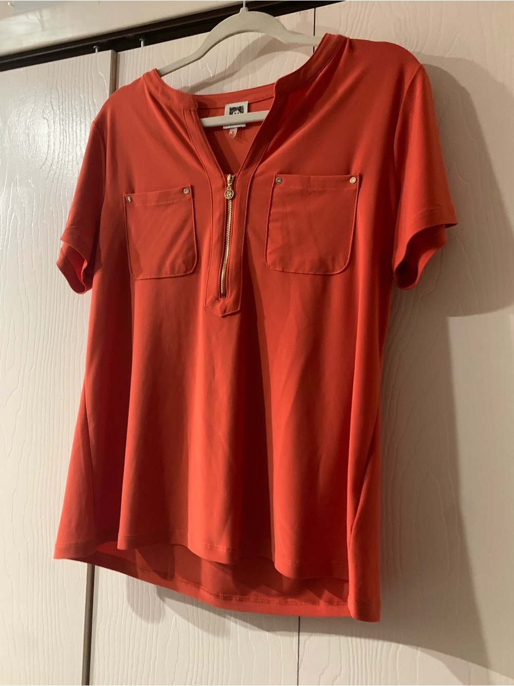 Anne Klein Short-Sleeve Zip-Front Top in Coral Orange